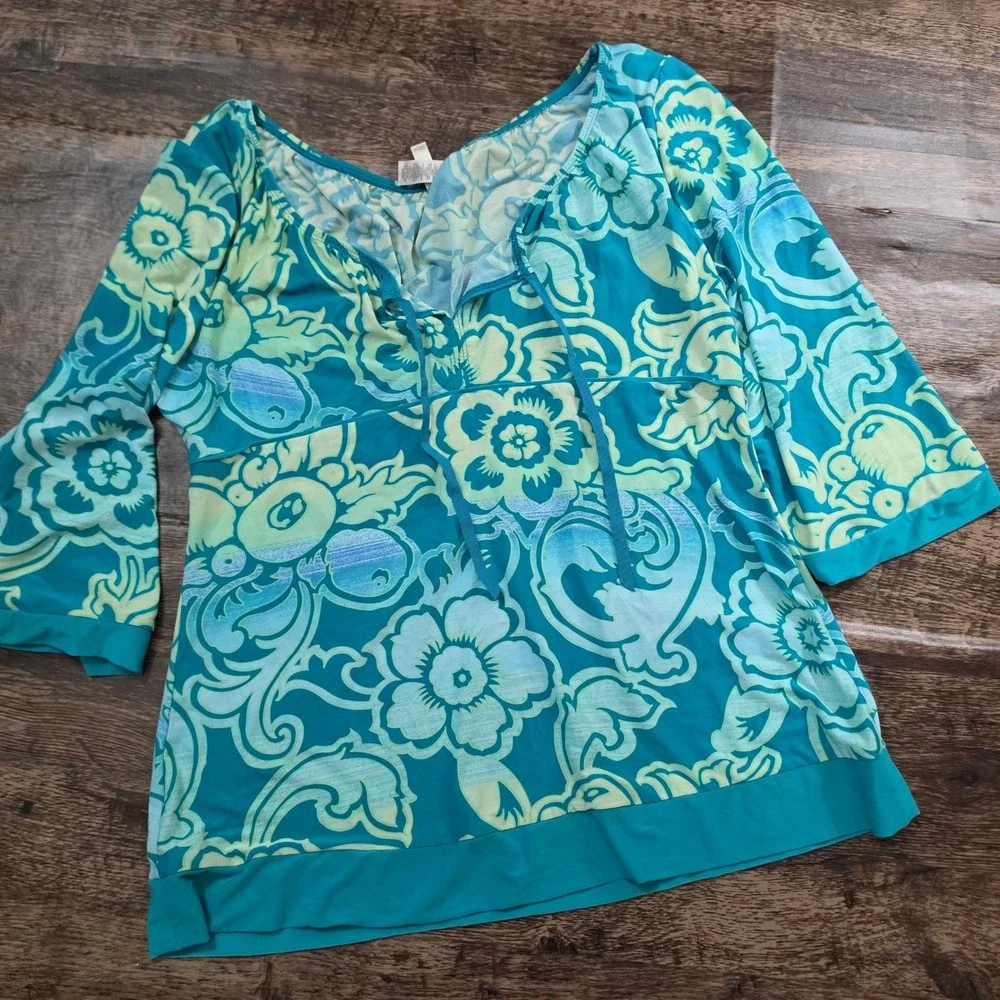 AMBRIELLE Pajama Set Women M/L Teal Floral Robe Top Pants 3pc Loungewear